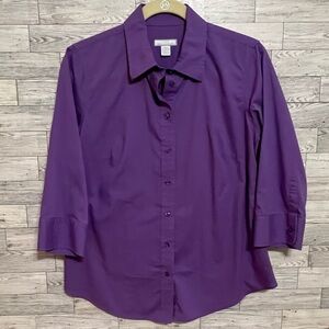 Lady Hathaway Purple Medium Collared Top Button Up 3/4‎ Sleeve Blouse Career Mod